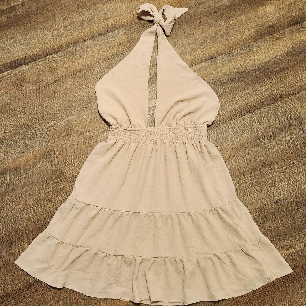 Halter Mini Linen Summer Boho Open Back Tan Dress Large